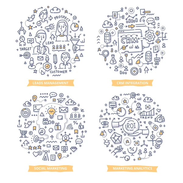 Marketing Automation Doodle Illustrations (em inglês). Conjunto 2 —  Vetores de Stock