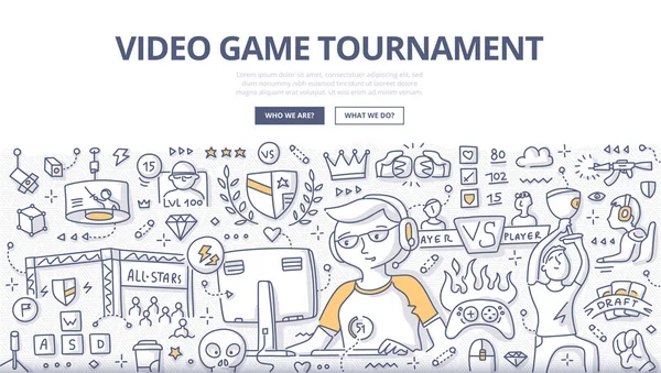 Video Game toernooi Doodle Concept — Stockvector