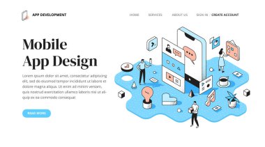 Mobil uygulama tasarım süreci kavramı. Ui ve Ux uygulaması oluşturuluyor. Kablo çerçeveleme ve görsel tasarım. İniş sayfası, web veya yazdırılmış materyaller için Isometric outline spot illüstrasyon