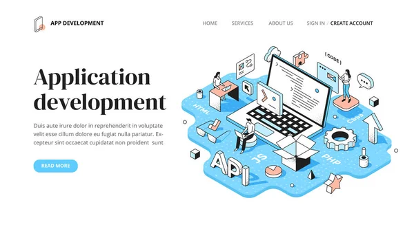 コンピュータソフトウェアの開発の概念 アプリケーションのコーディングとプログラミング 着陸ページ ウェブまたは印刷材料のためのトレンディな等角外形図 — ストックベクタ
