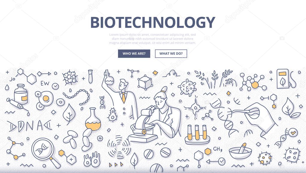 Biotechnology & bioengineering concept. Scientists are conducting an experiment to change the DNA to develop technologies and products that help improve our lives and the health. Doodle abstract illustrations
