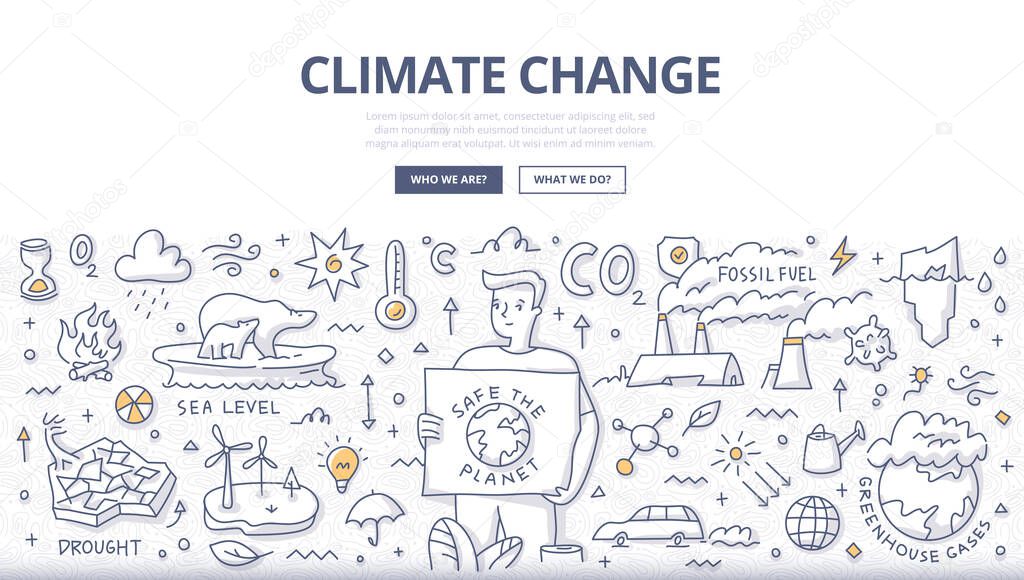 The concept of climate change and global warming. A man holding a placard speaks out against the causes that lead to climate change. Save our planet. Doodle abstract illustrations