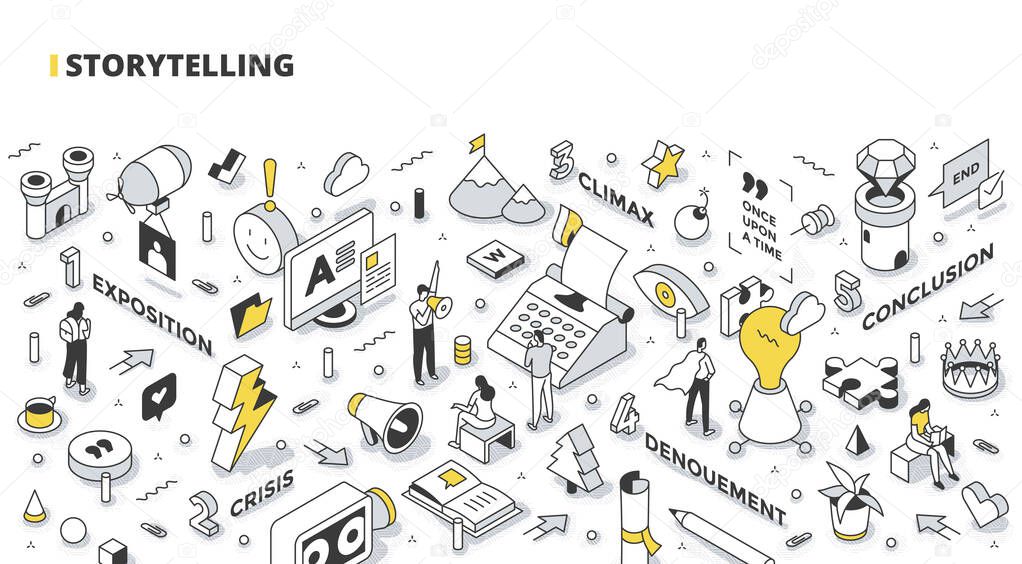 Storytelling concept. Stages of successful story structure: exposition, crisis, climax, denouement, conclusion. Building up customer interest. Communication technology. Outline isometric illustration