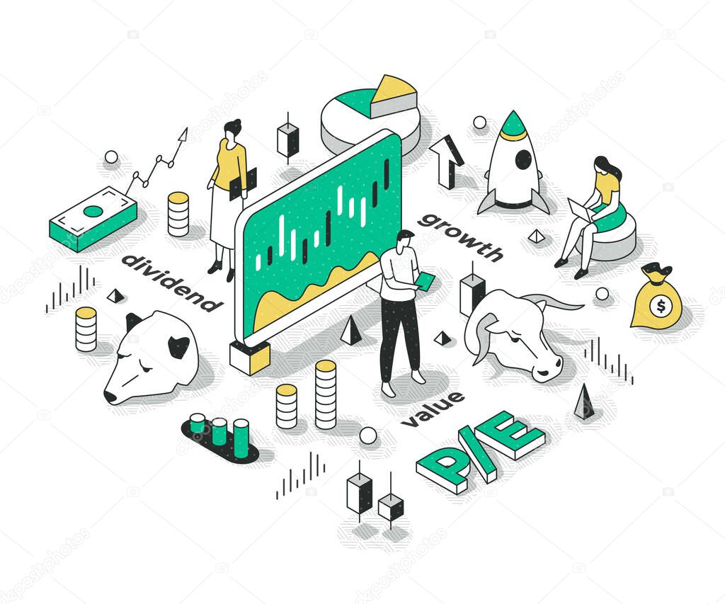 Concept of building an investment strategy. Ways to increase assets on stock market. Financial outline isometric illustration