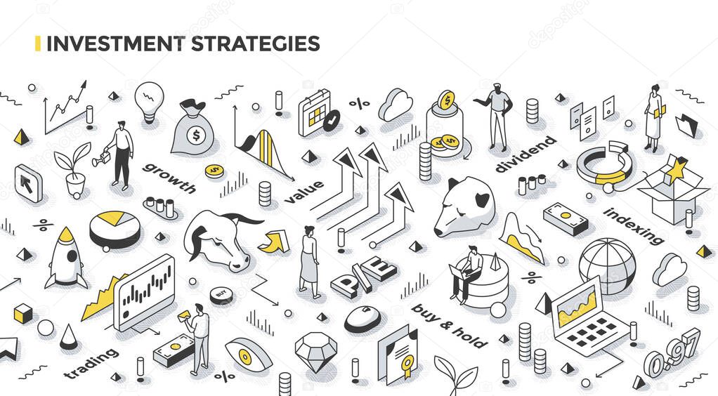 Investing strategies, styles & tactics concept. Growth & value investing, active trading, long term investment, buying market index.  Financial outline isometric illustration