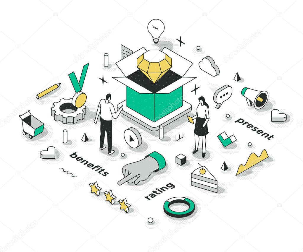 Promotional overview of the product. Presenting benefits, features and important information about the product to persuade customers. Business startup and marketing outline isometric concept illustration