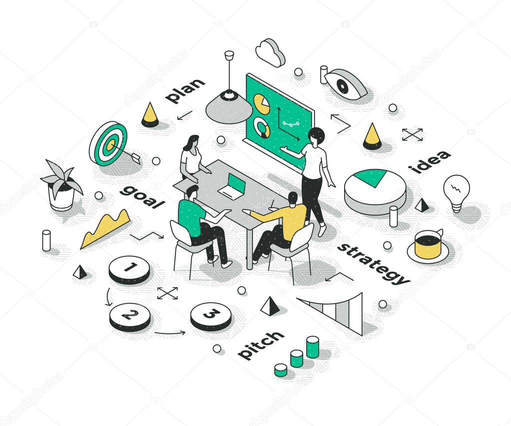Woman presenting sales strategy to audience. Business startup and marketing outline isometric illustration