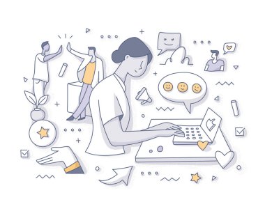 Başarılı eyleme olumlu geri bildirim verme kavramı. Kadın, dizüstü bilgisayarda müşteri olarak tecrübesini değerlendiriyor. Doodle vektör nokta illüstrasyonu