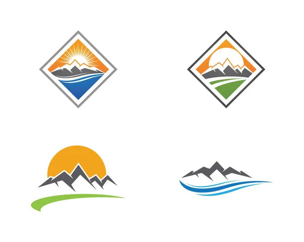 Sol e montanhas logotipo e modelo — Vetor de Stock
