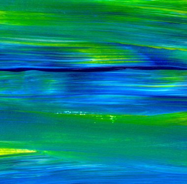 Mavi ve yeşil el akrilik resim çizmiş. Soyut sanat geçmişi, doku. Fırça darbeleri. Çağdaş sanat. - Görüntü