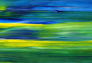 Mavi ve yeşil el akrilik resim çizmiş. Soyut sanat geçmişi, doku. Fırça darbeleri. Çağdaş sanat. - Görüntü