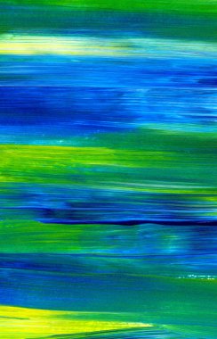 Mavi ve yeşil el akrilik resim çizmiş. Soyut sanat geçmişi, doku. Fırça darbeleri. Çağdaş sanat. - Görüntü