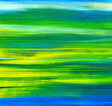 Mavi ve yeşil el akrilik resim çizmiş. Soyut sanat geçmişi, doku. Fırça darbeleri. Çağdaş sanat. - Görüntü