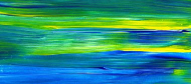 Mavi ve yeşil el akrilik resim çizmiş. Soyut sanat geçmişi, doku. Fırça darbeleri. Çağdaş sanat. - Görüntü