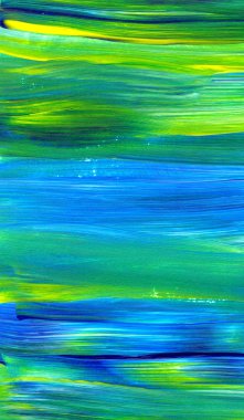 Mavi ve yeşil el akrilik resim çizmiş. Soyut sanat geçmişi, doku. Fırça darbeleri. Çağdaş sanat. - Görüntü