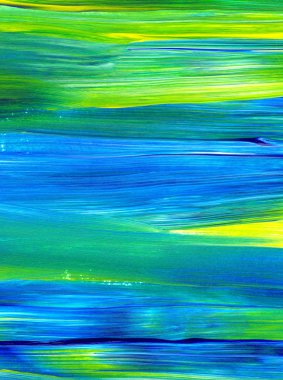 Mavi ve yeşil el akrilik resim çizmiş. Soyut sanat geçmişi, doku. Fırça darbeleri. Çağdaş sanat. - Görüntü