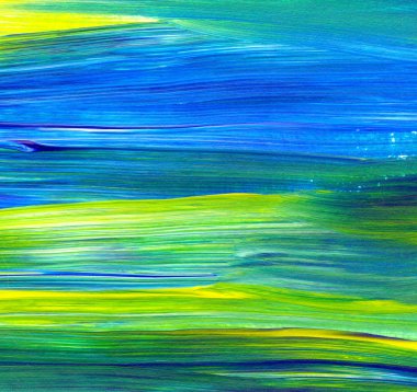 Mavi ve yeşil el akrilik resim çizmiş. Soyut sanat geçmişi, doku. Fırça darbeleri. Çağdaş sanat. - Görüntü