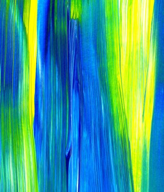 Mavi ve yeşil el akrilik resim çizmiş. Soyut sanat geçmişi, doku. Fırça darbeleri. Çağdaş sanat. - Görüntü