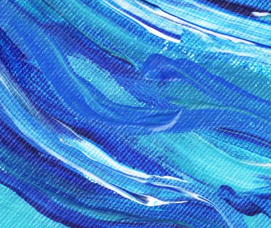 Yaratıcı mavi el boyası arkaplan, duvar kağıdı, doku, fırça darbeleriyle tuval üzerinde akrilik resmin yakın plan parçası.