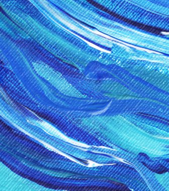 Yaratıcı mavi el boyası arkaplan, duvar kağıdı, doku, fırça darbeleriyle tuval üzerinde akrilik resmin yakın plan parçası.