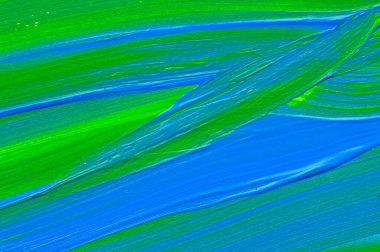 Yaratıcı yeşil ve mavi soyut el boyası arka plan, duvar kağıdı, doku, fırça darbeleriyle akrilik resmin yakın plan parçası