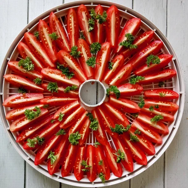 Dilimlenmiş taze domates ve yiyecek kurutma tepsisi.