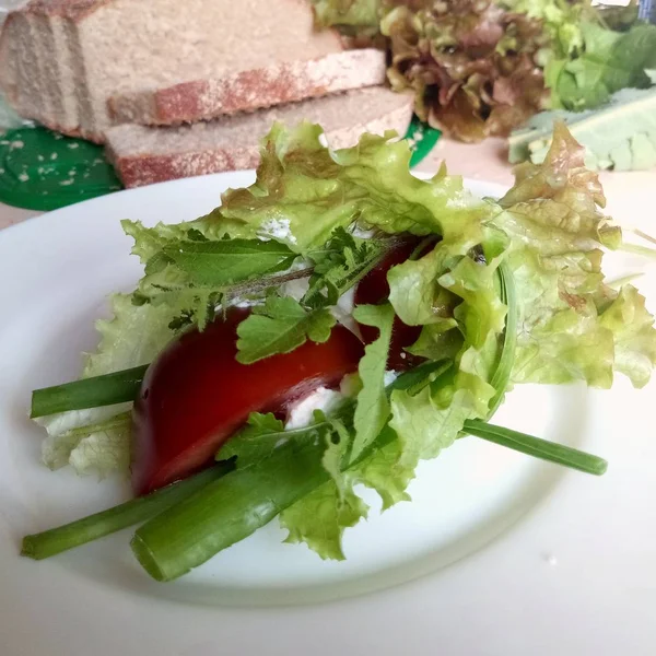 Yeşiller, domatesler ve marul yaprağına sarılmış feta. — Stok fotoğraf