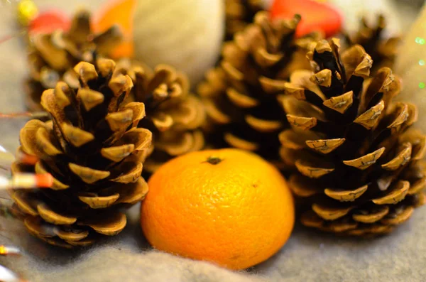 Decoração de Natal com laranjas e cones — Fotografia de Stock
