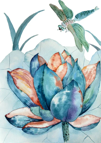 Oryginalne malarstwo akwarela niebieskiego lotosu i ważki — Zdjęcie stockowe