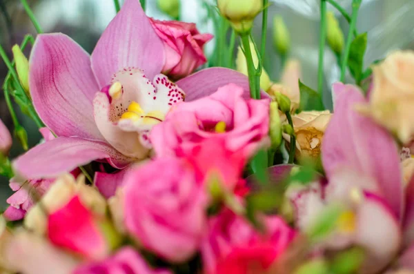 Bouquet with orchids and roses on a beautiful background — Stock Photo, Image