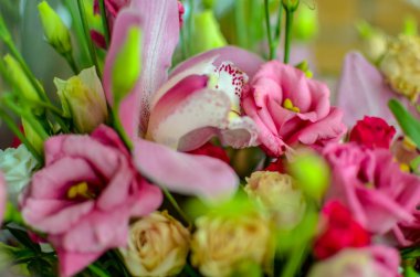 Orkide ve gül güzel bir arka plan üzerinde buket