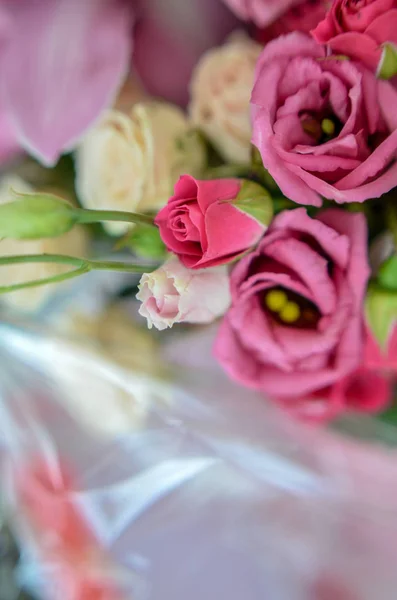 Boeket met orchideeën en rozen op een mooie achtergrond — Stockfoto