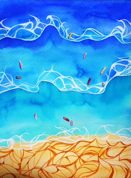 Sea and beach view from above, hand drawn watercolor summer background — Stock Photo, Image