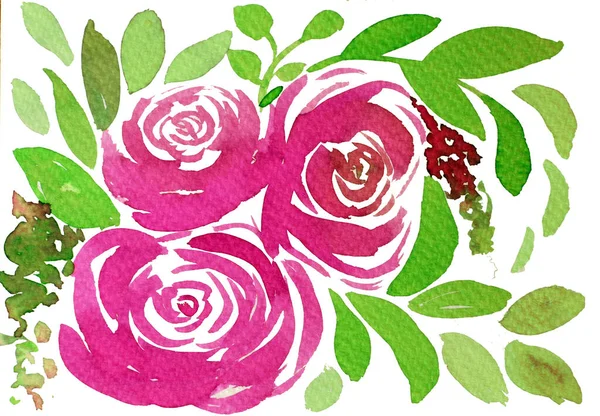 Flor de peônia rosa aquarela com ramo de folha isolado no fundo branco — Fotografia de Stock