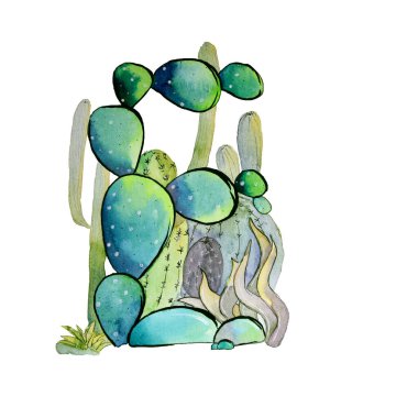 Mavi renkte kaktüs şeklinde E harfi, beyaz arkaplanda yeşil eko İngilizce harf.