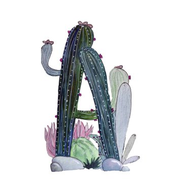 Watercolor illustration with cactus letter A from alphabet