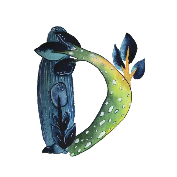 D carta en forma de cactus en colores azules, verde eco Inglés letra Ilustración sobre un fondo blanco — Foto de Stock