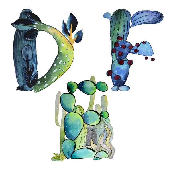 D, E, F letras en forma de cactus en colores azules, verde eco Inglés letra Ilustración sobre un fondo blanco — Foto de Stock