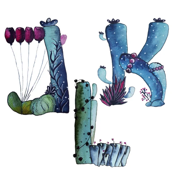 J, K, L letters in the form of cactus in blue colors, green eco English letter Illustration on a white background — 图库照片