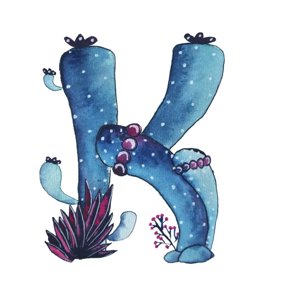 K letter in the form of cactus in blue colors, green eco English letter Illustration on a white background — Stock Photo, Image