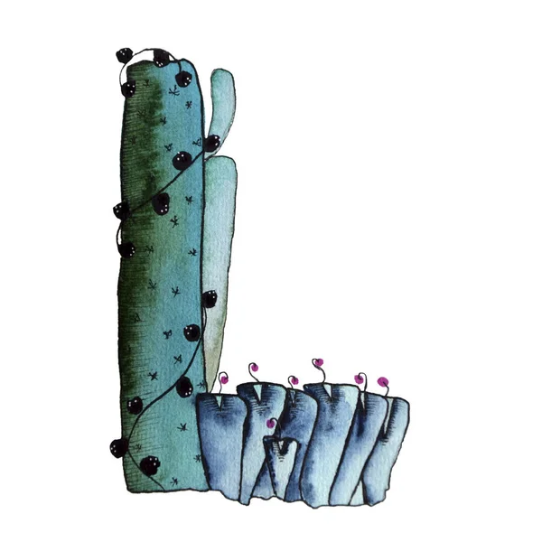 L huruf dalam bentuk kaktus dalam warna biru, hijau eco huruf Inggris Ilustrasi pada latar belakang putih — Stok Foto