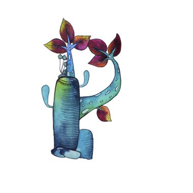 P letter in the form of cactus in blue colors, green eco English letter Illustration on a white background