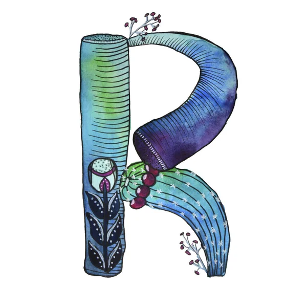 R letra en forma de cactus en colores azules, verde eco Inglés letra Ilustración sobre un fondo blanco — Foto de Stock