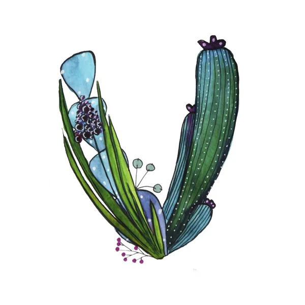 V letter in the form of cactus in blue colors, green eco English letter Illustration on a white background — Stok fotoğraf