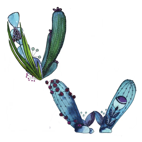 V, W letter in the form of cactus in blue colors, green eco English letter Illustration on a white background — Stok fotoğraf