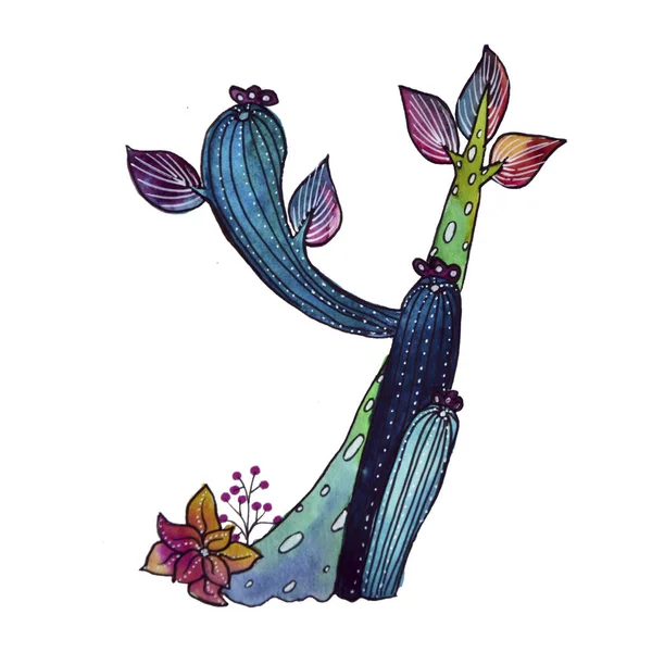Y letter in the form of cactus in blue colors, green eco English letter Illustration on a white background — Zdjęcie stockowe