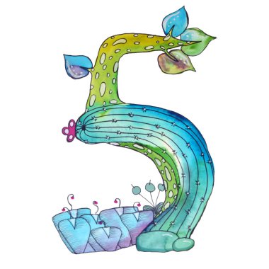 Beş numaralı kaktüs fantezi suluboya çizimi