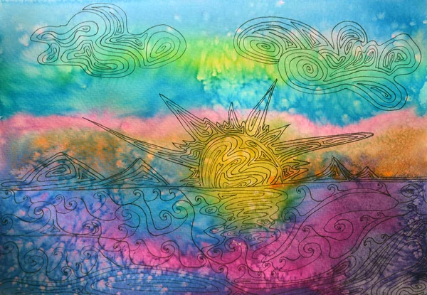 Анотація акварельного фону захід сонця в морі в стилі гранж — стокове фото