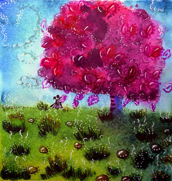 Bloesem kers paarse boom met groen gras met paar. Voorjaarslandschap. Aquarel hand getekend illustratie. — Stockfoto