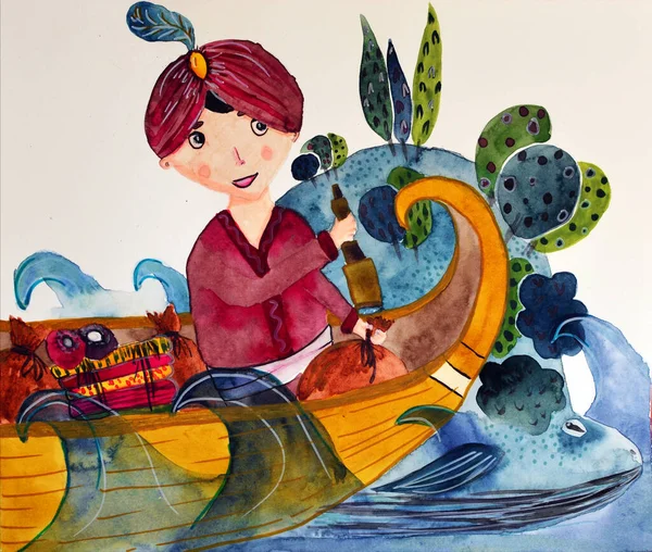 Watercolor Sinbad the sailor on the boat aproaching whale island — Stock Photo, Image